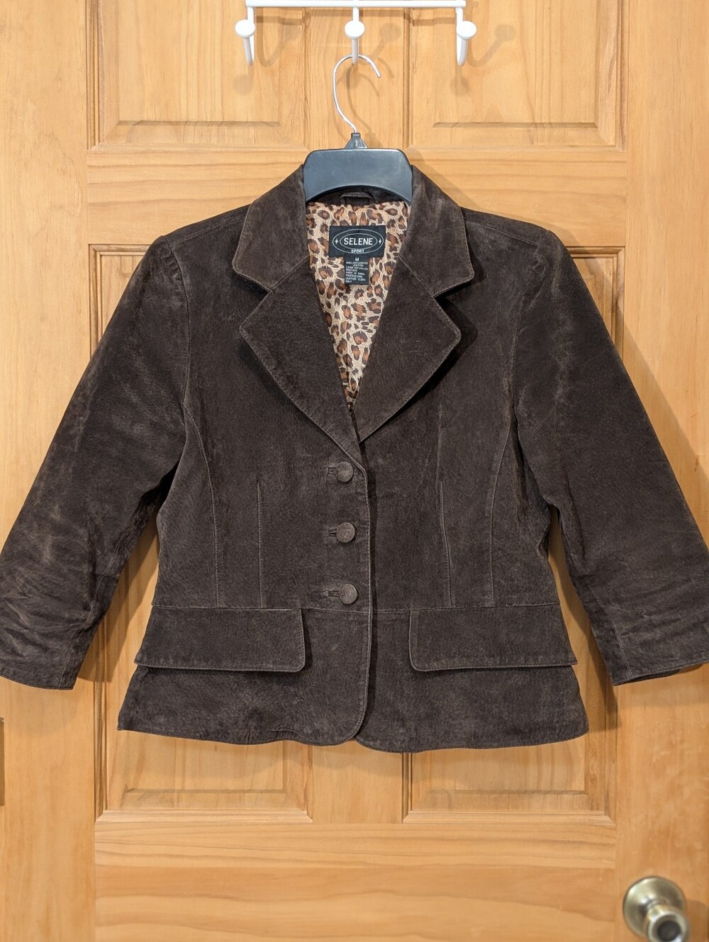 VTG Selene Sport Genuine Leather Jacket Coat Brown Animal Print Lining Sz Med